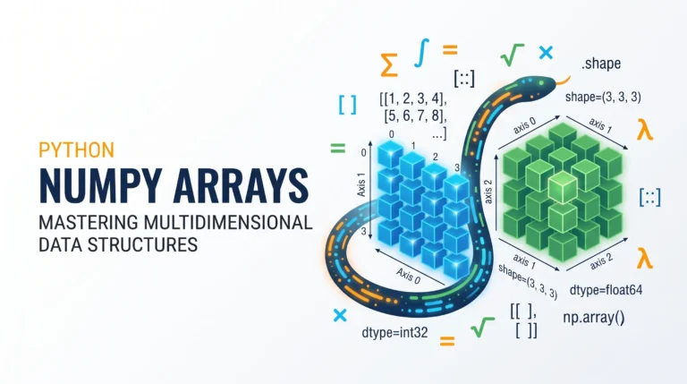 Python NumPy array visualization showing 1D, 2D, and 3D matrices with glowing data grids, representing np.array, np.zeros, np.ones, np.arange, and np.linspace functions for numerical computing and data science